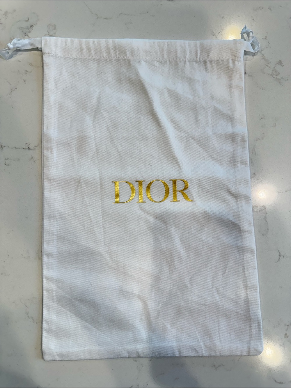 Dior White Drawstring Pouch with Gold Logo Print